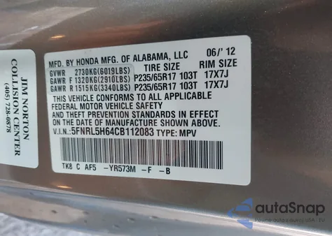 2012 Honda Odyssey Ex-L from USA, damaged, VIN 5FNRL5H64CB112083